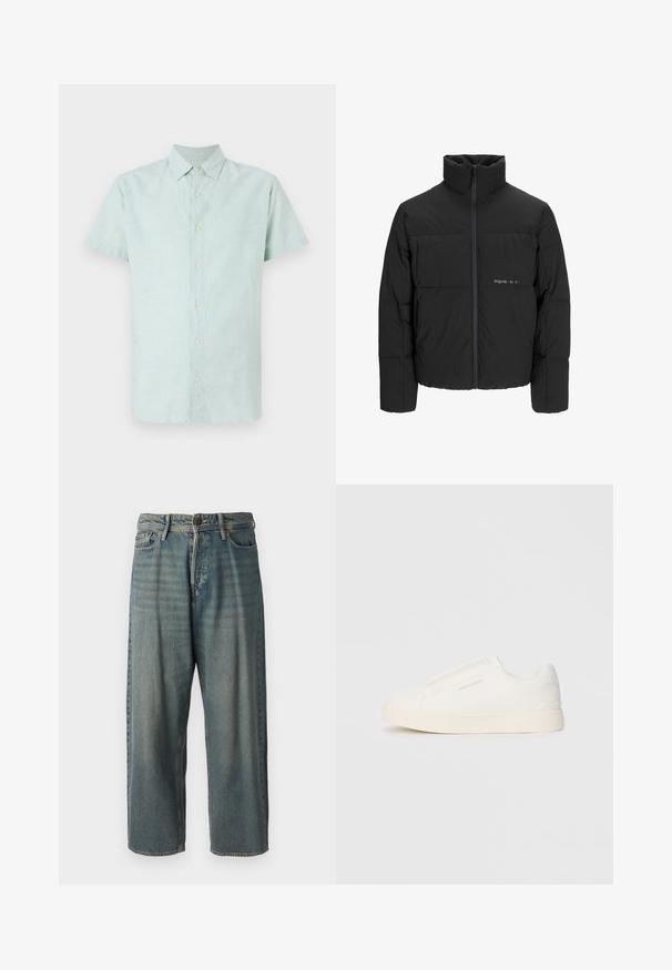 Mustra musta puffer-jakk, millel on kõrge krae, eesne tõmblukku ja tikandiga disain. Sile kangas, millel on rindkeres diskreetne logo.; Kerge rohelise värvi lühikeste varrukatega lina särgiga, millel on terav krae ja täispikk nööbiga esikülg, peene tekstuuri ja sirge alläärega.; Heledad sinine denim-stiilis teksad, volüümse lõike, keskmise kõrgusega talje ja sirgete säärega. Omab viit taskut, vöökumme ja nööpide sulgemist.; Valged libisemiskindlad tossud tekstuuriga pinnaga, paksu tallaga ja minimalistikus disainis. Küljel on brändi logo.