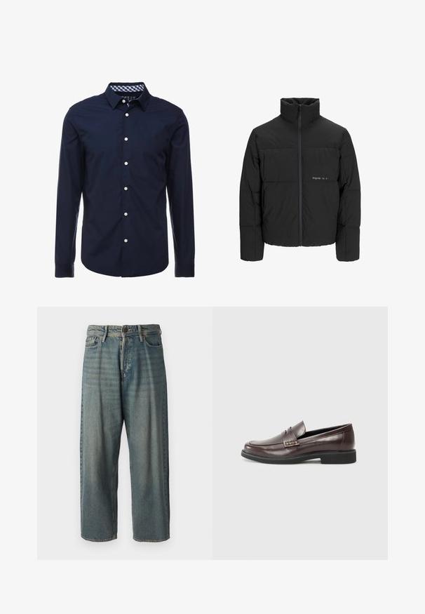 Melnā pūka jaka ar augstu apkakli, priekšējo rāvējslēdzēju un quilted dizainu. Gluda auduma virsma ar maigu logotipu uz krūšu daļas.; Tumši zila krekla ar garām piedurknēm ar pogām uz apakšējā apkakles, kontrastējošu pārbaudītu iekšējo apkakli un baltām pogām priekšpusē. Gluda tekstūra.; Gaiši zili džinsi ar brīvu piegriezumu, vidējo jostas augstumu un taisnām kājām. Satur piecas kabatas, jostas cilpas un pogu aizdari.; Brūni ādas loaferi ar gludu apdari, ar smalku izšuvumu augšdaļā un melnu gumijas zoli.