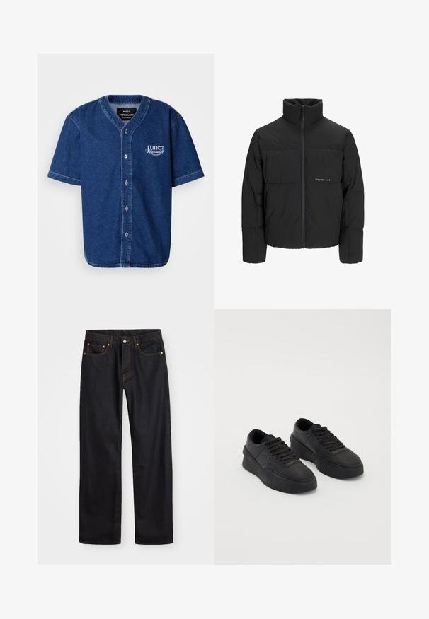 Svart boblejakke med høy krage, frontåpning med glidelås og kviltet design. Glatt stoff med en subtil logo på brystet.; Kortermet, skjortelignende plagg laget av mørkeblå denim med klassisk krage og hvit brodert logo på venstre bryst.; Men's straight-leg svarte denim jeans med fem lommer og oransje søm, knapp og glidelås lukking foran på midjen.; Sorte sneakers laget av glatt lær med en polstret såle. Funksjoner inkluderer flate snøringer, perforeringer på tåpartiet, og en elegant silhuett.