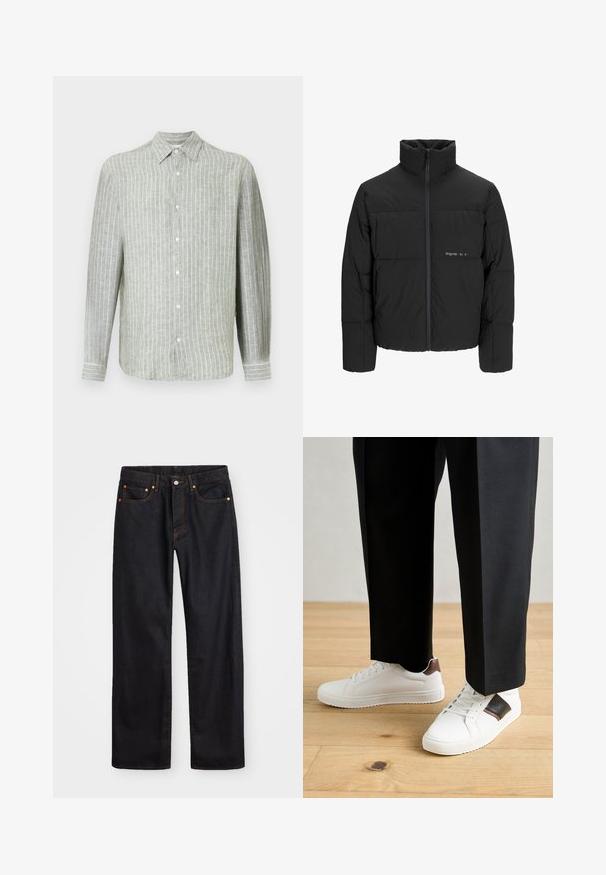 Schwarze Pufferjacke mit hohem Kragen, Front-Reißverschluss und gestepptem Design. Glattes Material mit dezentem Logo auf der Brust.; Helles grün gestreiftes Langarmhemd aus Leinen. Verfügt über einen kragenförmigen Ausschnitt, eine vordere Knopfverschluss und feine vertikale Streifen für eine strukturierte Optik.; Herren gerade geschnittene schwarze Jeans aus Denim mit fünf Taschen und orangefarbenen Nähten, Knopf- und Reißverschluss vorne am Bund.; Weiße Sneakers mit glatter Textur, versehen mit braunen Lederakzenten und schwarzen Details, kombiniert mit schwarzen maßgeschneiderten Hosen. Hintergrund aus Holzboden.