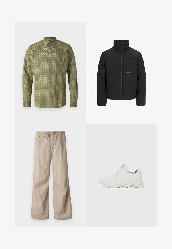 Crna puffer jakna s visokim ovratnikom, prednjim zatvaračem i kviltanim dizajnom. Glatka tkanina s suptilnim logotipom na prsima.; Zelena košulja dugih rukava s ovratnikom, ukrašena bijelim uzorkom plus sign i smešnim dugmadi sprijeda. Glatka tekstura.; Bež hlače širokih nogavica s elastičnim pojasom i vezicom. Glatka tekstura, dva bočna džepa i minimalni šavovi za opuštenu prilagodbu.; Bijele atletske tenisice s gornjim dijelom od teksturiranog pletenog materijala, ravnim vezicama i jastučićem u potplatu s vidljivim zračnim komorama radi dodatne potpore.