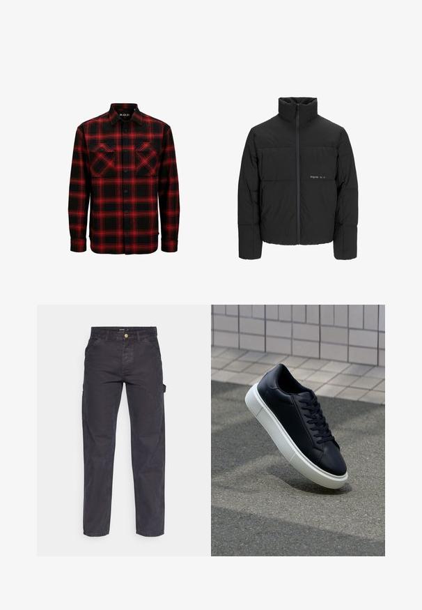 Giubbotto bomber nero con colletto alto, chiusura frontale con zip e design trapuntato. Tessuto liscio con un logo discreto sul petto.; Camicia flanella a quadri rossa e nera con due tasche sul petto, chiusura con bottoni e colletto. Realizzata in tessuto morbido e testurizzato.; Pantaloni cargo grigio scuro realizzati in tessuto resistente, con un taglio dritto, cinque tasche e chiusura a bottoni in vita.; Sneaker in pelle nera con punta arrotondata e suola in gomma bianca. Presenta lacci piatti e cuciture minime sulla parte superiore. Suola testurizzata per una migliore aderenza.