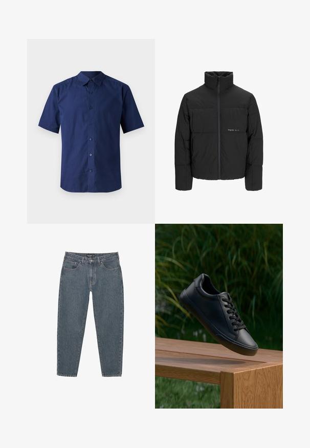 Fekete puff dzseki magas gallérral, elülső cipzárral és steppelt kialakítással. Simaságú anyag, finom logóval a mellkason.; Rövid ujjú, sötétkék pamut ing; gombos eleje van, standard gallérral rendelkezik, és sima, minta nélküli textúrával bír.; Sötétkék farmernadrág, laza szabással, öt zsebbel, gombos záródással és enyhén rojtos szegéllyel. Tartós anyag, finom textúrával.; Fekete bőr sneaker sima textúrával, kerek orral és lapos cipőfűzővel, egy fa felület felett helyezkedik el, a háttérben zöld fűvel.