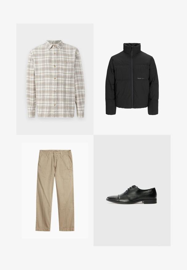 Musta puhvijakku, jossa on korkea kaulus, etuvetoketju ja tikattu muotoilu. Sileä kangas, jossa on hienovarainen logo rinnassa.; Beige ja valge ruuduline särk, kergete siniste detailidega. Pikkade varrukatega, nööpidega ees ja ühe rinna taskuga. Puuvillane materjal.; Beige suorat lahkeet chinosit vyölenkkeillä, etupainike- ja vetskarikiinnitys sekä viistot etutaskut.; Mustat nahkakengät, joissa on terävä kärki, nauhat ja hienovaraiset ompeluyksityiskohdat. Varustettu matalalla palkeilla ja sileällä kiiltävällä pinnalla.