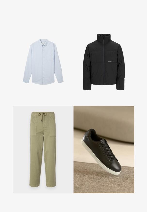 Zwarte pufferjas met een hoge kraag, ritssluiting aan de voorkant en een quilted design. Glad materiaal met een subtiel logo op de borst.; Lichtblauw overhemd met lange mouwen en knopen, met dunne witte strepen, een klassieke kraag en een patchzak op de linkerkant van de borst, gemaakt van katoen.; Licht olijfgroene broek van een katoenmix, met een elastische tailleband met trekkoord en twee grote zijzakken.; Zwarte leren sneakers met een witte rubberen zool en zwarte veters, gepositioneerd tegen een beige stoffen oppervlak en achtergrond.