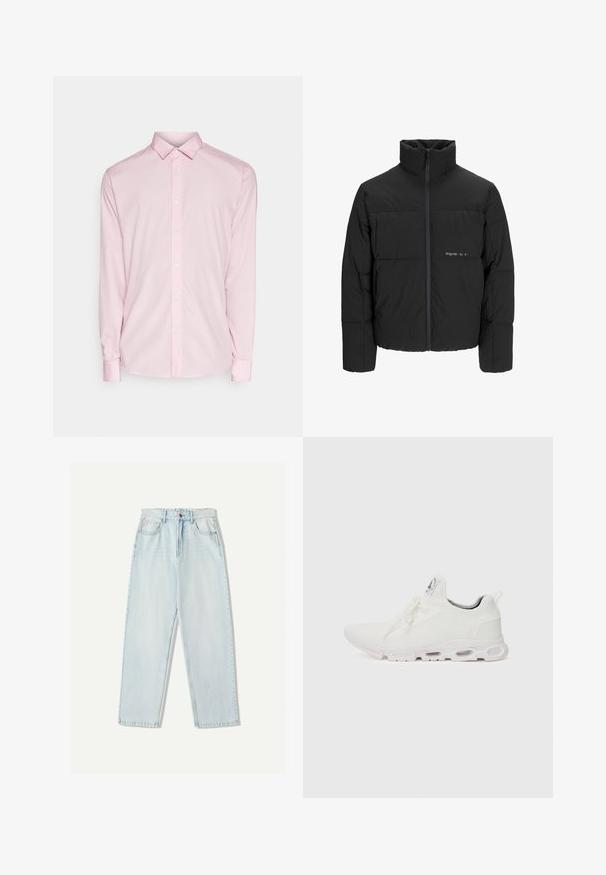Czarna kurtka puchowa z wysokim kołnierzem, z przodu na zamek błyskawiczny i pikowanym wzorem. Gładki materiał z subtelnym logo na piersi.; Jasnoróżowa koszula z długim rękawem i kołnierzykiem zapinanym na guziki, z guzikami z przodu oraz mankietami. Gładka faktura materiału o klasycznym wzorze.; Jasnoniebieskie dżinsy o luźnym kroju, prostych nogawkach, pięcioma kieszeniami oraz delikatnym wyblaknięciem materiału.; Białe buty sportowe z teksturowaną cholewką z dzianiny, płaskimi sznurowadłami oraz wyściełaną podeszwą z widocznymi komorami powietrznymi dla dodatkowego wsparcia.
