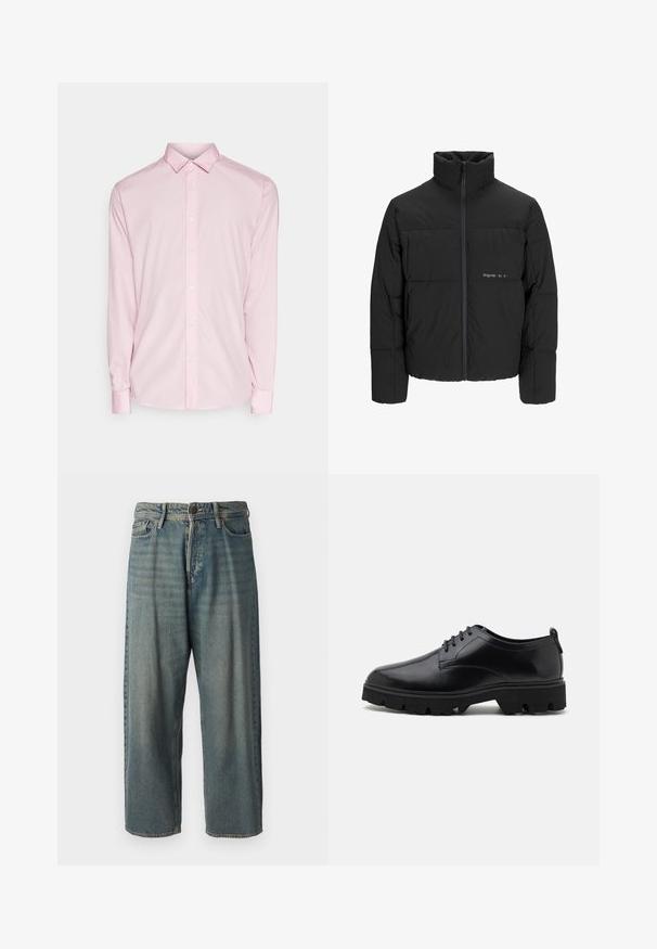 Fekete puff dzseki magas gallérral, elülső cipzárral és steppelt kialakítással. Simaságú anyag, finom logóval a mellkason.; Világos rózsaszín, hosszú ujjú ing gombos gallérral, elöl gombokkal és mandzsettákkal. Simán szövet textúra klasszikus dizájnnal.; Világoskék farmernadrág, laza fazonnal, közepes derékbőséggel és egyenes szárral. Öt zsebet, övbucskát és gombos záródást tartalmaz.; Fekete bőrcipők sima felülettel, fűzős kialakítással, vastag, strapabíró gumitalppal, mély barázdákkal a tapadásért.