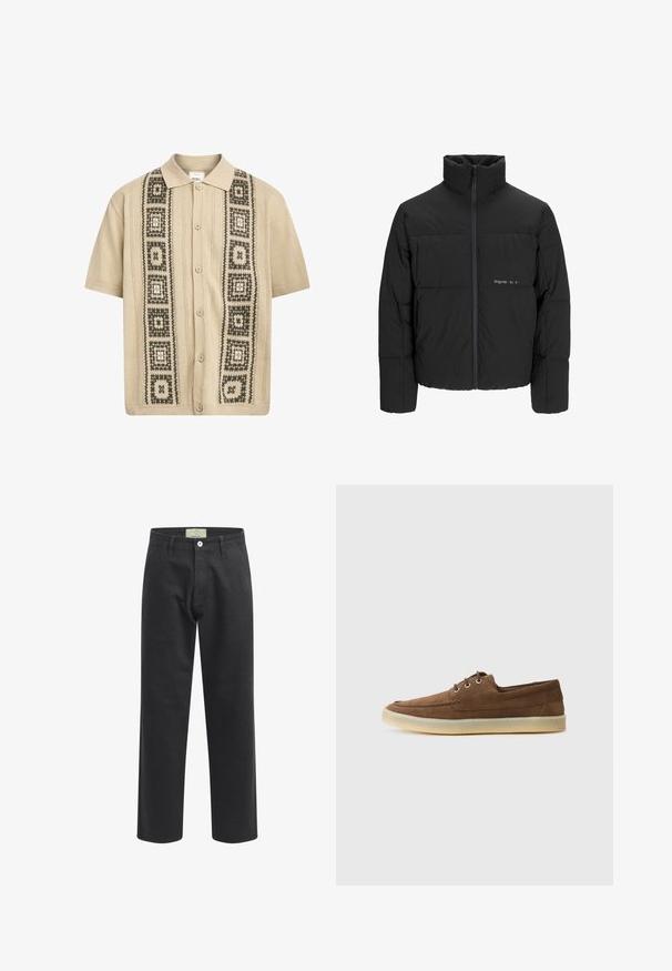 Black puffer jacket featuring a high collar, front zip closure, and quilted design. Smooth fabric with a subtle logo on the chest.; Short-sleeve beige shirt with button closure, featuring decorative green and black geometric patterns along the front and textured knit details.; Black cotton pants with a straight leg design, featuring a button closure, front pockets, and a label at the waistband.; Brown suede shoes with a low profile, laced design, rubber sole, and contrasting stitching details. Simple and functional style.