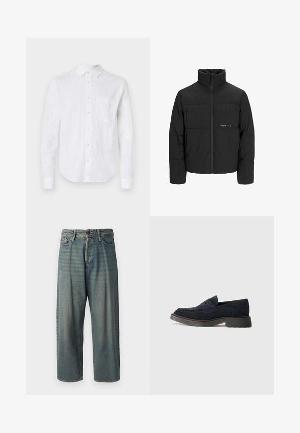 Fekete puff dzseki magas gallérral, elülső cipzárral és steppelt kialakítással. Simaságú anyag, finom logóval a mellkason.; Fehér vászon hosszú ujjú ing, gombos gallérral, elülső zsebbel és gyöngyház gombokkal. Ívelt alsó résszel és texturált anyaggal rendelkezik.; Világoskék farmernadrág, laza fazonnal, közepes derékbőséggel és egyenes szárral. Öt zsebet, övbucskát és gombos záródást tartalmaz.; Sötétkék velúr lófarok, kerek orral, díszítő varrással és enyhe emelkedésű gumitalppal. Tartós anyag és kialakítás.