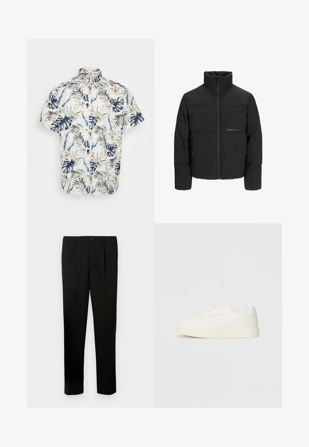 Svart boblejakke med høy krage, frontåpning med glidelås og kviltet design. Glatt stoff med en subtil logo på brystet.; Kortermet skjorte med et tropisk blomstermønster og bladdesign i marineblått, grønt og krem på en lys bakgrunn; knappelukking.; Svarte skreddersydde bukser med flat foran, to folder, knappelukking, sidelommer og rette ben. Laget av et glatt stoff.; Hvite slip-on joggesko med teksturert overflate, tykk såle og minimalistisk design. Har merkevarelogo på siden.