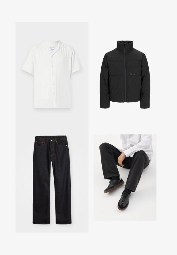 Juodas pūkinis švarkas su aukštu apykakle, priekiniais užtrauktukais ir kvadratinės siuvimo dizainu. Lygus audinys su subtiliu logotipu krūtinėje.; Balta trumparankovė marškiniai su mygtukų užsegimu priekyje, pagaminta iš tekstūruotos medžiagos, su apvaliomis apykaklėmis ir laisvu siluetu.; Vyrų tiesaus kirpimo juodi džinsai iš denim medžiagos, su penkiomis kišenėmis ir oranžinėmis siūlėmis, su mygtuko ir užtrauktuko uždarymu ant priekio.; Juodi sportbačiai su lygiu ir tekstūruotu paviršiumi, turi guminį padas ir tamsias raištelius. Suderinti su juodomis džinsais ir balta juostuota marškinėliais.