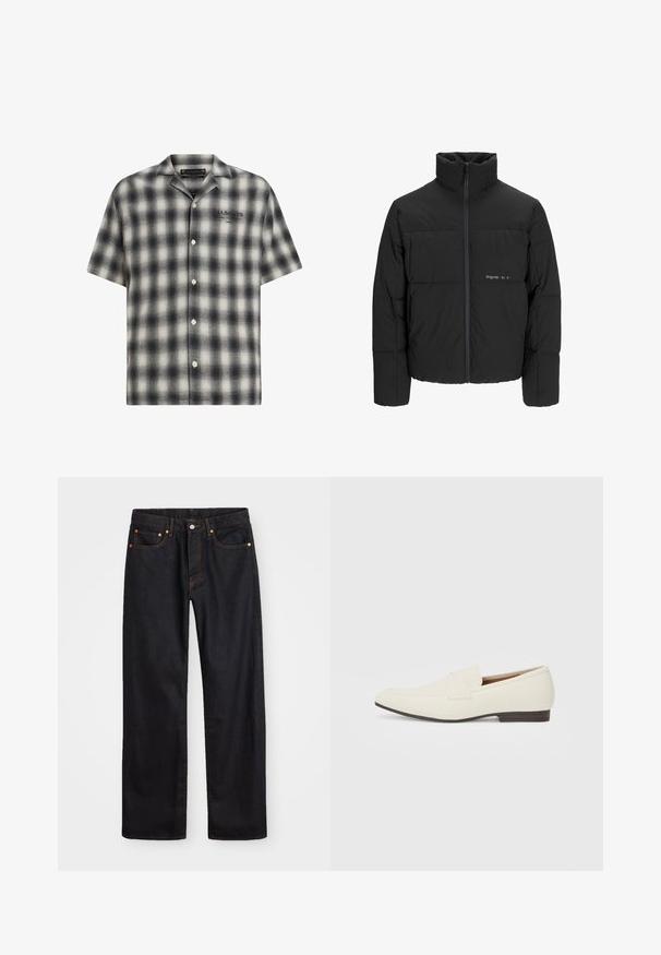 Svart boblejakke med høy krage, frontåpning med glidelås og kviltet design. Glatt stoff med en subtil logo på brystet.; Korte ermer rutete skjorte i svart og hvitt, med knapping foran. Har en avslappet passform, myk tekstur, og merkevarelogo på brystet.; Men's straight-leg svarte denim jeans med fem lommer og oransje søm, knapp og glidelås lukking foran på midjen.; Lyse beige loafers med spiss tå, glatt materiale, en stropp over vampsen, og en lav brun såle. Enkel design med minimale detaljer.