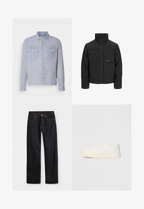 Schwarze Pufferjacke mit hohem Kragen, Front-Reißverschluss und gestepptem Design. Glattes Material mit dezentem Logo auf der Brust.; Helles blaues Hemd mit Waffelstruktur, ausgestattet mit zwei Brusttaschen, goldenen Knöpfen und einem klassischen Kragen, aus weichem Stoff gefertigt.; Herren gerade geschnittene schwarze Jeans aus Denim mit fünf Taschen und orangefarbenen Nähten, Knopf- und Reißverschluss vorne am Bund.; Weiße Slip-On-Sneaker mit einer strukturierten Oberfläche, dicker Sohle und minimalistischem Design. Mit Logo der Marke an der Seite.