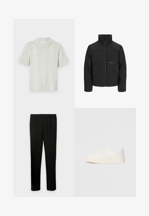 Čierna puffová bunda s vysokým golierom, predným zipsom a prešívaným dizajnom. Hladká tkanina s jemným logom na hrudi.; Svetlozelená košela s krátkym rukávom z textúrovanej látky, s vertikálnymi pruhmi, kempovým golierom a gombíkovým zapínaním.; Čierne šité nohavice s plochým predným dielom, dvoma záhybmi, zapínaním na gombík, bočnými vreckami a rovnými nohavicami. Vyrobené z hladkej látky.; Biele slip-on tenisky s textúrovaným povrchom, hrubou podrážkou a minimalistickým dizajnom. Obsahuje logo značky na boku.