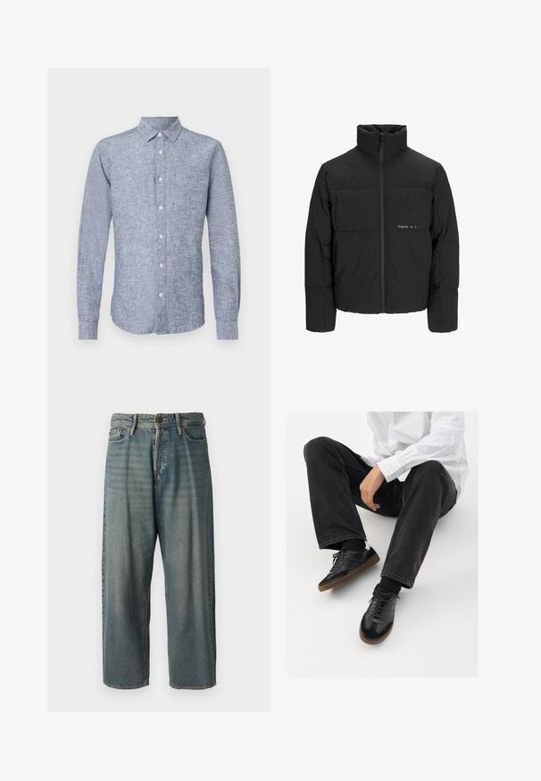 Crna puffer jakna s visokim ovratnikom, prednjim zatvaračem i kviltanim dizajnom. Glatka tkanina s suptilnim logotipom na prsima.; Plava lanena košulja dugih rukava s ovratnikom s dugmadi, s teksturiranim materijalom i zakrivljenim rubom. Pet prednjih dugmadi u jednom redu.; Svijetloplave traperice s širokim krojem, srednjim pojasom i ravnim nogavicama. Ima pet džepova, petlje za remen i kopčanje na gumb.; Crne tenisice s glatkim i teksturiranim gornjim dijelom, koje imaju gumeni potplat i tamne vezice. Uparene s crnim trapericama i bijelom košuljom s prugama.