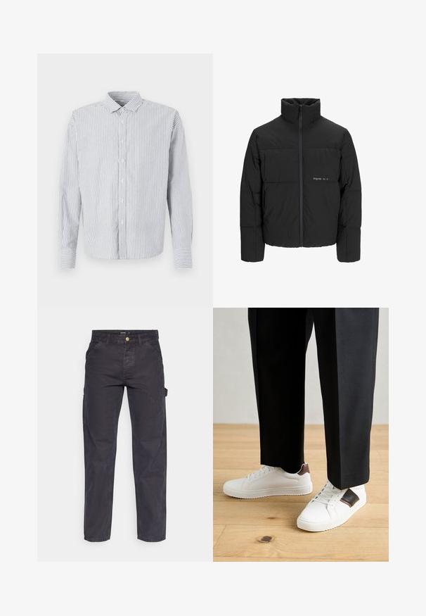 Doudoune noire avec un col haut, fermeture éclair sur le devant et design matelassé. Tissu lisse avec un logo subtil sur la poitrine.; Chemise à rayures avec col, manches longues et silhouette droite. Les couleurs incluent le blanc et des nuances de bleu.; Pantalons cargo gris foncé en tissu durable, avec une coupe droite, cinq poches et une fermeture à bouton à la taille.; Des sneakers blanches au texture lisse, avec des accents en cuir marron et des détails noirs, assorties à un pantalon noir ajusté. Fond en parquet.