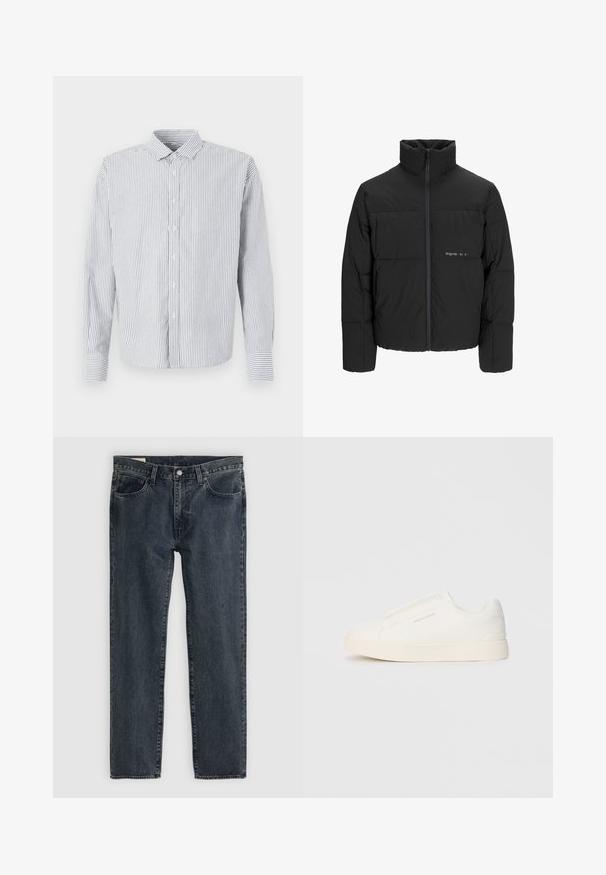 Doudoune noire avec un col haut, fermeture éclair sur le devant et design matelassé. Tissu lisse avec un logo subtil sur la poitrine.; Chemise à rayures avec col, manches longues et silhouette droite. Les couleurs incluent le blanc et des nuances de bleu.; Jean en denim bleu foncé avec une coupe droite, cinq poches et une fermeture à bouton. Le tissu présente une légère décoloration et texture.; Baskets blanches sans lacets avec une surface texturée, une semelle épaisse et un design minimaliste. Présente le logo de la marque sur le côté.