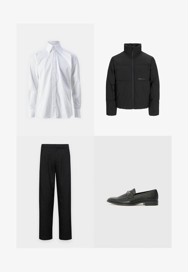 Juodas pūkinis švarkas su aukštu apykakle, priekiniais užtrauktukais ir kvadratinės siuvimo dizainu. Lygus audinys su subtiliu logotipu krūtinėje.; Baltas ilgas rankovės marškinis, pagamintas iš lygaus audinio, su klasikiniu apykakle, mygtukų priekine dalimi ir subtiliu siuvinėtu logotipu kairiajame apačiame kampe.; Juodi kelnių modeliai, pagaminti iš lygios medžiagos, turi tiesią kojas, du priekiniai klostės ir standartinę juosmenį su diržo kilpomis.; Juodos odinės loafer tipo bateliai su lygiu paviršiumi, turintys siuvinėtą dizainą ir dekoratyvų metalo grandinėlės akcentą ant batų viršaus. Plokščias kulnas.