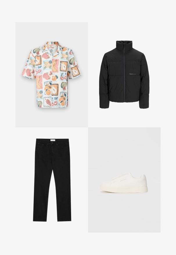 Svart boblejakke med høy krage, frontåpning med glidelås og kviltet design. Glatt stoff med en subtil logo på brystet.; Kortermet skjorte med krage laget av lett stoff, med et flerfarget fruktprint med stempler, primært i pastellfarger.; Svarte jeans med rette ben, fem lommer, knapp og glidelås-lukking, og et Pier One-merkelapp på midjen.; Hvite slip-on joggesko med teksturert overflate, tykk såle og minimalistisk design. Har merkevarelogo på siden.