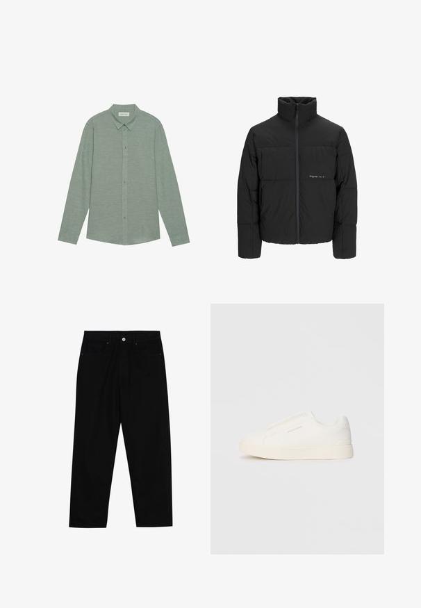 Črni pufast plašč z visokim ovratnikom, sprednjim zadrgo in prešitjem. Gladka tkanina z diskretnim logotipom na prsih.; Srajca z dolgimi rokavi in gumbom v svetlo zeleni laneni tkanini s koničastim ovratnikom in usklajenimi gumbi, ki ima subtilno teksturo.; Črne denim hlače z ravnim krojem, petimi žepi in sprednjim gumbom. Gladka tekstura z minimalnimi šivi.; Bele zapete brez vezalk z teksturirano površino, debelim podplatom in minimalističnim dizajnom. Na strani se nahaja logotip blagovne znamke.