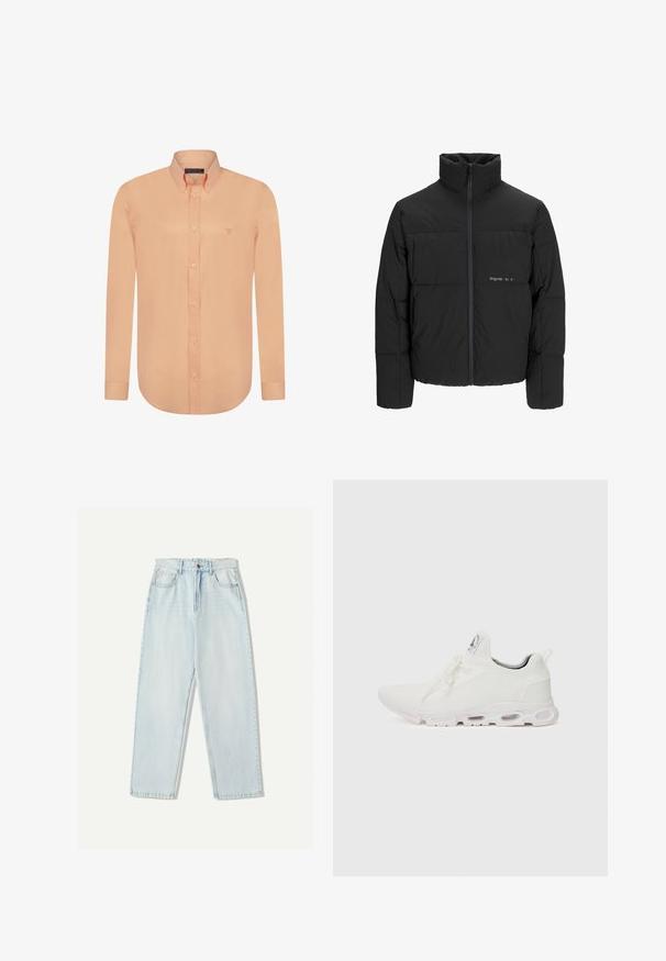 Giubbotto bomber nero con colletto alto, chiusura frontale con zip e design trapuntato. Tessuto liscio con un logo discreto sul petto.; Felix Hardy Camicia - salmon; Jeans in denim azzurro chiaro con una vestibilità comoda, design a gamba dritta, stile a cinque tasche e leggere sfumature sul tessuto.; Scarpe atletiche bianche con tomaia in maglia testurizzata, lacci piatti e una suola ammortizzata con camere d'aria visibili per un supporto aggiuntivo.