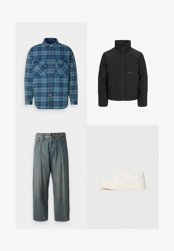 Black puffer jacket featuring a high collar, front zip closure, and quilted design. Smooth fabric with a subtle logo on the chest.; Blue flannel shirt with checked pattern in varying shades of blue, featuring a button-down front, collar, and two chest pockets.; Light blue denim jeans with a loose fit, mid-rise waist, and straight legs. Features five pockets, belt loops, and a button closure.; White slip-on sneakers with a textured surface, a thick sole, and minimalistic design. Features brand logo on the side.