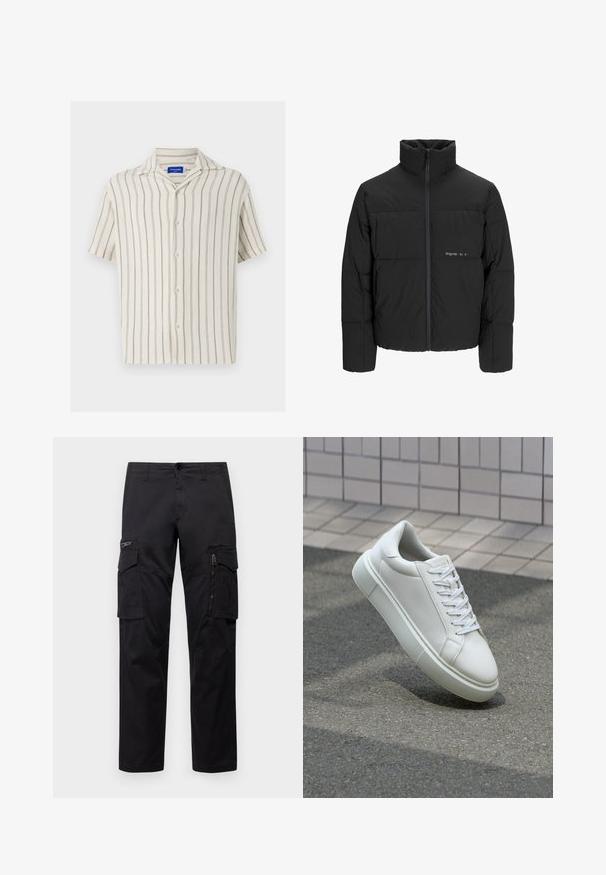 Svart puffjacka med hög krage, främre dragkedjestängning och quiltat mönster. Slätt tyg med en subtil logotyp på bröstet.; Kortärmad skjorta i krämfärgad med fina vertikala ränder. Har en knappstängning framtill och en klassisk krage, tillverkad av texturerat tyg.; Svarta cargobyxor med flera fickor, en blixtlåsficka på låret, rak passform och slitstigt bomullstyg med lätt glans.; Vit lädersneaker med en slät yta, rund tå och platta vita snören. Har en texturerad gummisula och minimalistiska designelement.