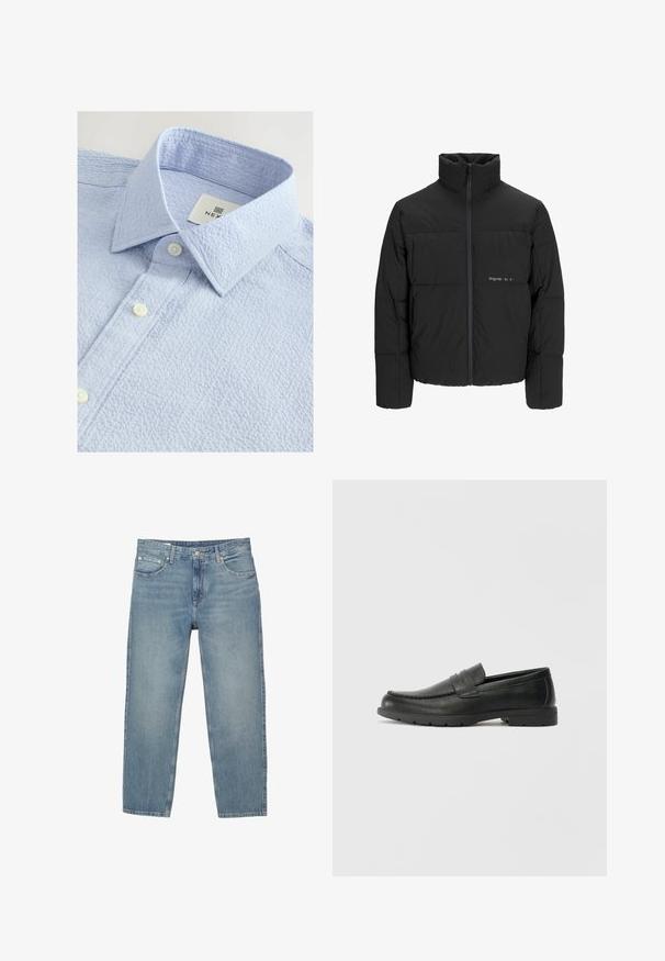 Crna puffer jakna s visokim ovratnikom, prednjim zatvaračem i kviltanim dizajnom. Glatka tkanina s suptilnim logotipom na prsima.; Svijetloplava košulja teksture s ovratnikom na gumb, s dva bijela gumba i oznakom s imenom branda unutar ovratnika.; Svijetloplave traper hlače klasičnog ravnog kroja, s pet džepova, petljama za remen i suptilnim detaljima šivanja.; Crne kožne mokasine s glatkom površinom, gornji dio u stilu mokasina, ojačani šavovi i gumeni potplat. Klasičan dizajn s niskom petom.