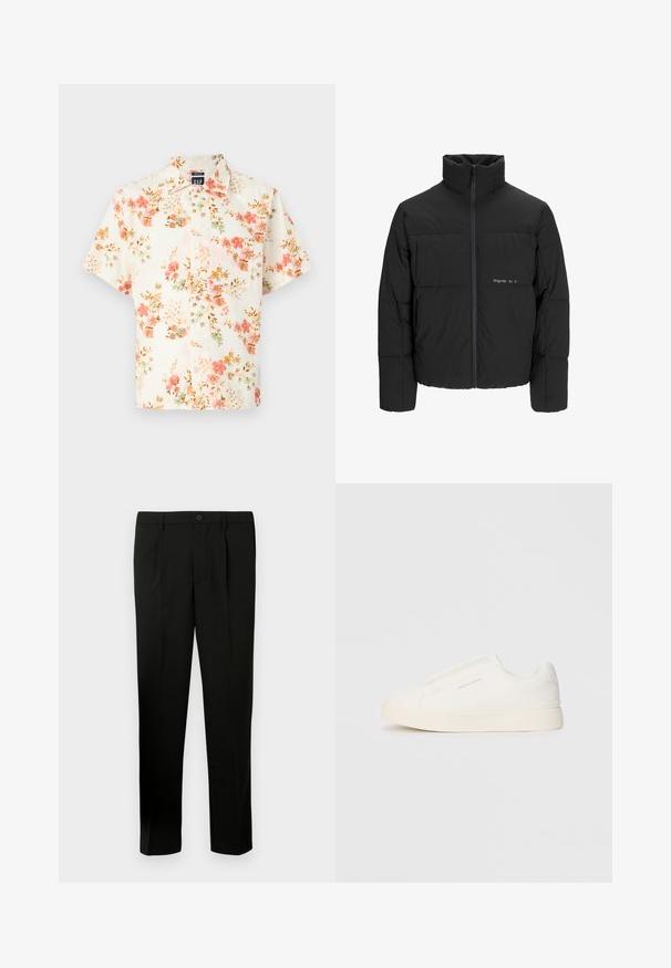 Schwarze Pufferjacke mit hohem Kragen, Front-Reißverschluss und gestepptem Design. Glattes Material mit dezentem Logo auf der Brust.; Kurzarmshirt mit cremefarbenem Hintergrund und floralem Muster in rosa, grün und braun; Knopfverschluss und klassischer Kragen.; Schwarze maßgeschneiderte Hose mit flachem Vorderteil, zwei Falten, Knopfverschluss, Seiten Taschen und geradem Bein. Hergestellt aus glattem Stoff.; Weiße Slip-On-Sneaker mit einer strukturierten Oberfläche, dicker Sohle und minimalistischem Design. Mit Logo der Marke an der Seite.