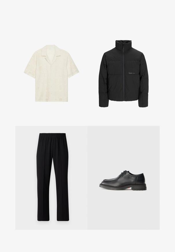 Doudoune noire avec un col haut, fermeture éclair sur le devant et design matelassé. Tissu lisse avec un logo subtil sur la poitrine.; Chemise à manches courtes en tissu crème clair, présentant un design texturé et perforé avec des motifs carrés et un col pointu.; Pantalons noirs à taille élastique avec une coupe droite, présentant une texture lisse et sans motifs ni éléments visibles.; Chaussure en cuir noir avec une texture lisse, bout arrondi et couture embossée peu profonde. Semelle en caoutchouc épaisse avec un léger talon et un motif antidérapant.