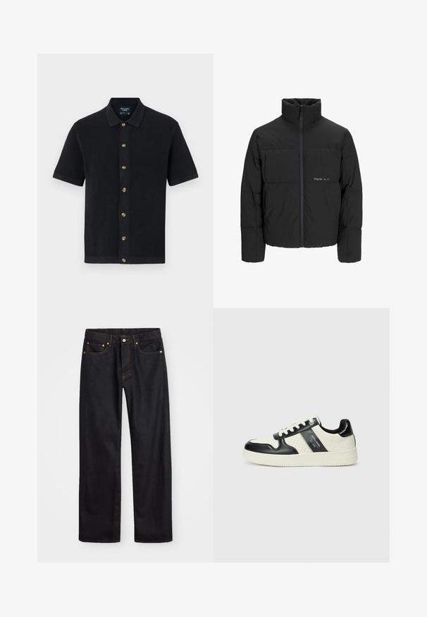 Čierna puffová bunda s vysokým golierom, predným zipsom a prešívaným dizajnom. Hladká tkanina s jemným logom na hrudi.; Námornícky krátky rukáv polo tričko s textúrovanou tkaninou, golierovým výstrihom a hnedými gombíkmi pozdĺž prednej časti. Hladký lem a kontrastný lem.; Pánske rovné čierne riflové nohavice s piatimi vreckami a oranžovým prešívaním, s gombíkom a zipsom na prednom páse.; Kožené tenisky v čierno-krémovej farbe, s perforovanými akcentmi, polstrovaným golierom a štruktúrovanou podrážkou.