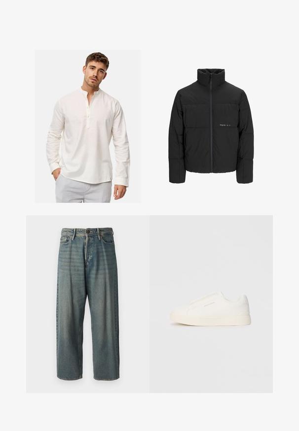 Schwarze Pufferjacke mit hohem Kragen, Front-Reißverschluss und gestepptem Design. Glattes Material mit dezentem Logo auf der Brust.; Langärmliges, weißes Leinenhemd mit Stehkragen und Knopfleiste. Weiche Textur mit lockerer Passform und abgerundetem Saumdesign.; Helle blaue Denim-Jeans mit lockerer Passform, mittelhoher Taille und geraden Beinen. Hat fünf Taschen, Gürtelschlaufen und einen Knopfverschluss.; Weiße Slip-On-Sneaker mit einer strukturierten Oberfläche, dicker Sohle und minimalistischem Design. Mit Logo der Marke an der Seite.