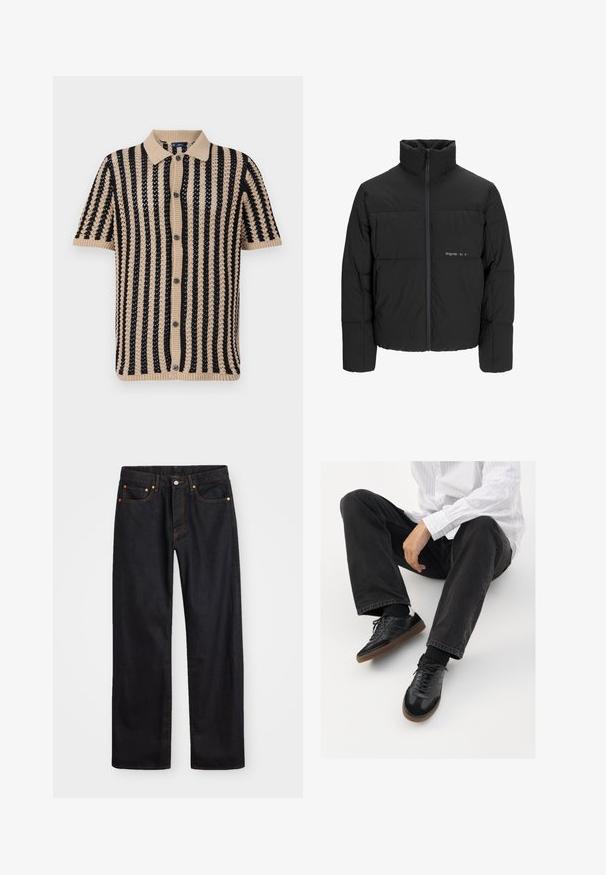 Czarna kurtka puchowa z wysokim kołnierzem, z przodu na zamek błyskawiczny i pikowanym wzorem. Gładki materiał z subtelnym logo na piersi.; Szydełkowa koszulka polo z krótkim rękawem w kolorze beżowym i czarnym, z pionowymi paskami, prążkowanym kołnierzykiem oraz zapięciem na guziki. Teksturowana dzianina.; Męskie jeansy w prostym kroju, czarne, z pięcioma kieszeniami oraz pomarańczowymi strefami, z zapięciem na guzik i zamek z przodu w pasie.; Czarne sneakersy z gładką i textured cholewką, z gumową podeszwą i ciemnymi sznurowadłami. Połączone z czarnymi dżinsami i bluzką w białe paski.