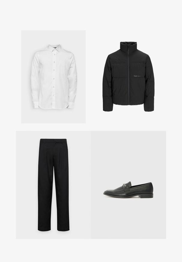 Melnā pūka jaka ar augstu apkakli, priekšējo rāvējslēdzēju un quilted dizainu. Gluda auduma virsma ar maigu logotipu uz krūšu daļas.; Baltas kokvilnas krekls ar garām piedurknēm un klasisku apkakli, ar pogu aizdari priekšpusē un smalkām izšuvuma detaļām.; Melnas bikses, izgatavotas no gludas auduma, ar taisnu kāju dizainu, divām priekšējām krokām un standarta jostu, kurai ir āķi.; Melna ādas loafer izmēra apavi ar gludu virsmu, piedāvā ar šūtu dizainu un dekoratīvu metāla ķēdes akcentu pār vampu. Plakana papēža daļa.