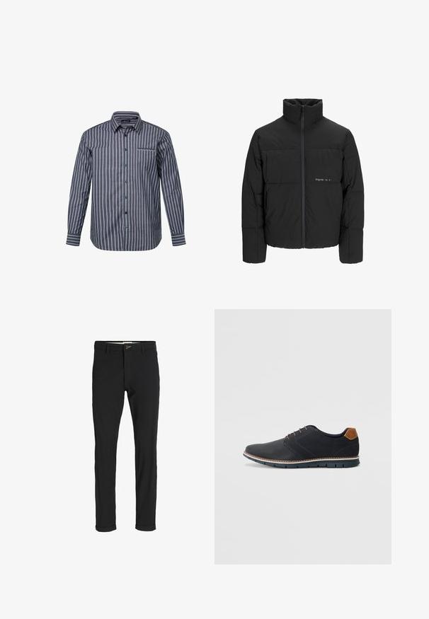 Chaqueta acolchada negra con un alto cuello, cierre frontal de cremallera y diseño acolchado. Tejido suave con un logo sutil en el pecho.; Camisa de botones a rayas en azul oscuro con líneas verticales en rosa claro y blanco. Tiene mangas largas, un cuello y un detalle de bolsillo en el pecho.; Pantalones de mezcla de algodón negros con corte ajustado, que presentan un cierre de botón, bolsillos y puños enrollados para un acabado casual.; Zapatos sintéticos negros con un upper texturizado, acentos lisos, tacón marrón y una suela en contraste. Presenta un cordón mínimo y detalles de costura.