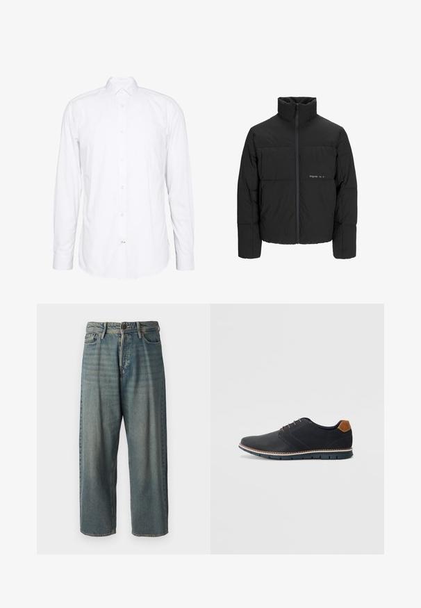 Crna puffer jakna s visokim ovratnikom, prednjim zatvaračem i kviltanim dizajnom. Glatka tkanina s suptilnim logotipom na prsima.; Bijela košulja dugih rukava izrađena od pamuka. Ima ovratnik, prednje zatvaranje na gumbe i manžete na jedan gumb. Glatka tekstura, jednostavan dizajn.; Svijetloplave traperice s širokim krojem, srednjim pojasom i ravnim nogavicama. Ima pet džepova, petlje za remen i kopčanje na gumb.; Crne sintetičke cipele s teksturiranim gornjim dijelom, glatkim akcentima, smešnim petom i kontrastnom potplatom. Imaju minimalne vezice i detalje šivanja.