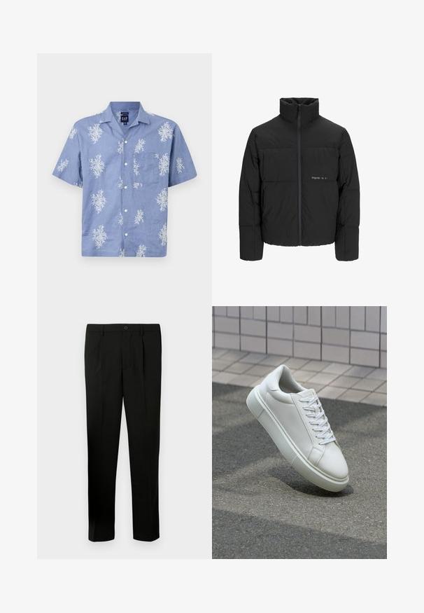 Giubbotto bomber nero con colletto alto, chiusura frontale con zip e design trapuntato. Tessuto liscio con un logo discreto sul petto.; Camicia azzurra a maniche corte realizzata in tessuto leggero, con un motivo floreale bianco e una tasca sul petto. Design con bottoni sul davanti e colletto.; Pantaloni neri su misura con fronte piatto, due pieghe, chiusura con bottone, tasche laterali e taglio dritto. Realizzati in un tessuto morbido.; Sneaker bianco in pelle con superficie liscia, punta rotonda e lacci piatti bianchi. Presenta una suola in gomma texturizzata e un design minimale.