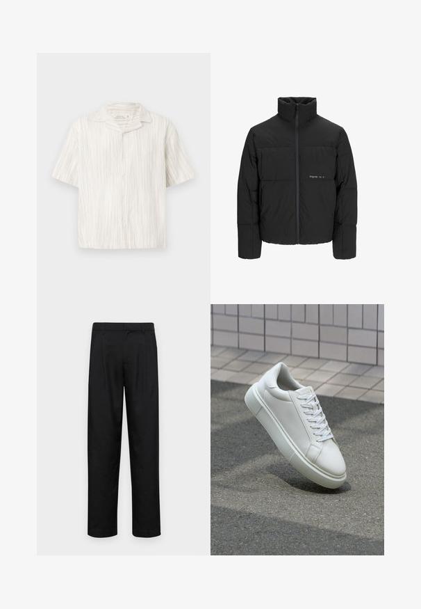 Zwarte pufferjas met een hoge kraag, ritssluiting aan de voorkant en een quilted design. Glad materiaal met een subtiel logo op de borst.; Korte mouwen overhemd met knopen in lichtbeige linnen met verticale textuurstrepen, een puntige kraag en een relaxte pasvorm.; Zwarte broeken van gladde stof, met een recht model, twee voorknikken en een standaard tailleband met riemlussen.; Witte leren sneaker met een glad oppervlak, ronde neus en platte witte veters. Voorzien van een gestructureerde rubberen zool en minimale ontwerpelementen.