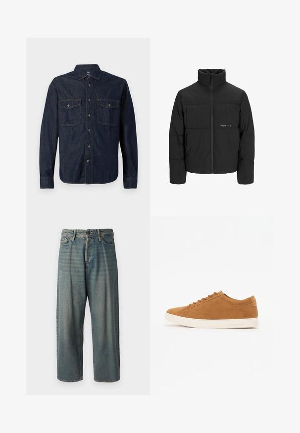 Juodas pūkinis švarkas su aukštu apykakle, priekiniais užtrauktukais ir kvadratinės siuvimo dizainu. Lygus audinys su subtiliu logotipu krūtinėje.; Tamsiai mėlynas džinsinis marškinis su ilgomis rankovėmis, mygtukų užsegimu priekyje, dviem krūtinės kišenėmis, smailiu apykakle ir kontrastingomis siūlėmis. Minkšta tekstūra ir klasikinis siluetas.; Šviesiai mėlyni džinsai su laisvu siluetu, vidutinio aukščio juosmeniu ir tiesiomis kojomis. Su penkiais kišenėmis, diržo kilpo ir mygtukų uždarymu.; Rudos zomšos sportbačiai su žemu dizainu, balta gumine padu ir apvaliu pirštu. Yra atitinkamos raišteliai ir minimalus ženklinimas ant kulno.