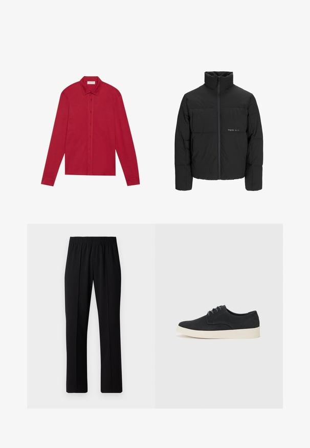Doudoune noire avec un col haut, fermeture éclair sur le devant et design matelassé. Tissu lisse avec un logo subtil sur la poitrine.; Chemise rouge à manches longues en coton. Dotée d'un col classique, de boutons sur le devant et de poignets avec une texture lisse. Aucun motif ni accent.; Pantalons noirs à taille élastique avec une coupe droite, présentant une texture lisse et sans motifs ni éléments visibles.; Chaussure en daim noir à lacets avec un bout arrondi, semelle légère crème et subtils accents de coutures bleues sur la tige.