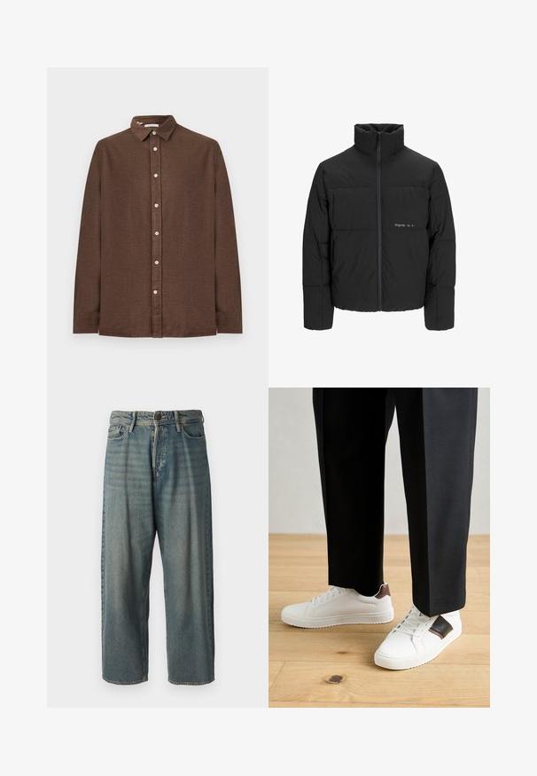 Melnā pūka jaka ar augstu apkakli, priekšējo rāvējslēdzēju un quilted dizainu. Gluda auduma virsma ar maigu logotipu uz krūšu daļas.; Brūns garām piedurknēm krekls ar pogām uz apkakles, ar struktūras audumu un baltām pogām priekšpusē.; Gaiši zili džinsi ar brīvu piegriezumu, vidējo jostas augstumu un taisnām kājām. Satur piecas kabatas, jostas cilpas un pogu aizdari.; Baltā pārsoļa apavi ar gludu tekstūru, papildināti ar brūniem ādas akcentiem un melniem elementiem, savienoti ar melnām pielāgotām biksēm. Koka grīdas fons.