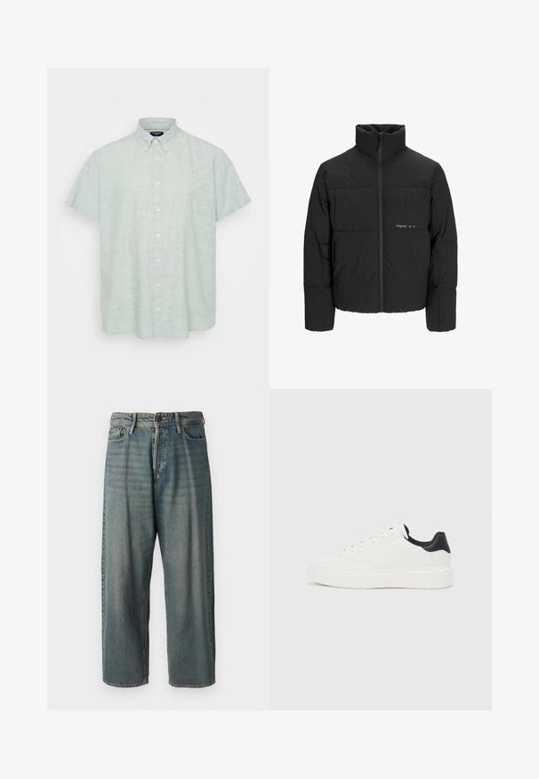 Melnā pūka jaka ar augstu apkakli, priekšējo rāvējslēdzēju un quilted dizainu. Gluda auduma virsma ar maigu logotipu uz krūšu daļas.; Gaiši zaļš īsās piedurknes krekls ar teksturētu audumu. Ir pogas lejas daļa pie apkakles, priekšējā pogu aizdare un mazs emblema uz krūtīm.; Gaiši zili džinsi ar brīvu piegriezumu, vidējo jostas augstumu un taisnām kājām. Satur piecas kabatas, jostas cilpas un pogu aizdari.; Baltas ādas sporta apavi ar iegravētu rakstu, strukturētu baltu starpzoli un melnu papēža akcentu. Iezīmējas ar apaļu purngali un plakaniem auklām.