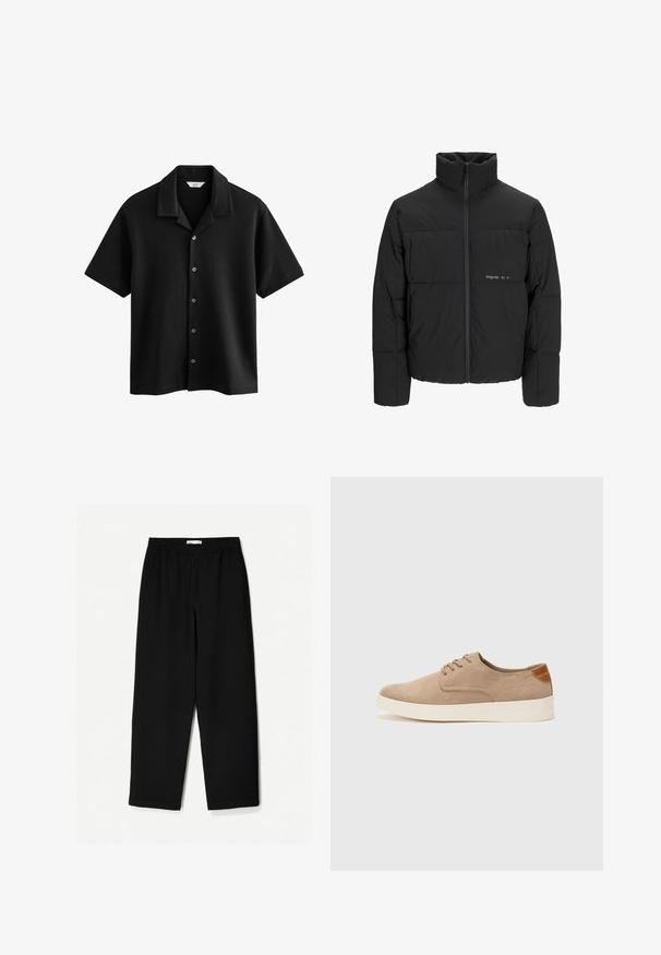 Schwarze Pufferjacke mit hohem Kragen, Front-Reißverschluss und gestepptem Design. Glattes Material mit dezentem Logo auf der Brust.; Next CUBAN COLLAR REGULAR FIT - Hemd - black; Schwarze, weit geschnittene Hose aus leichtem Stoff. Mit elastischem Bund und glatter Textur. Keine sichtbaren Muster oder Beschläge.; Beige Wildleder-Sneaker mit runder Zehenpartie, Schnürung und strukturiertem Rückenteil. Die weiße Gummisohle sorgt für einen Kontrast. Einfaches und modernes Design.