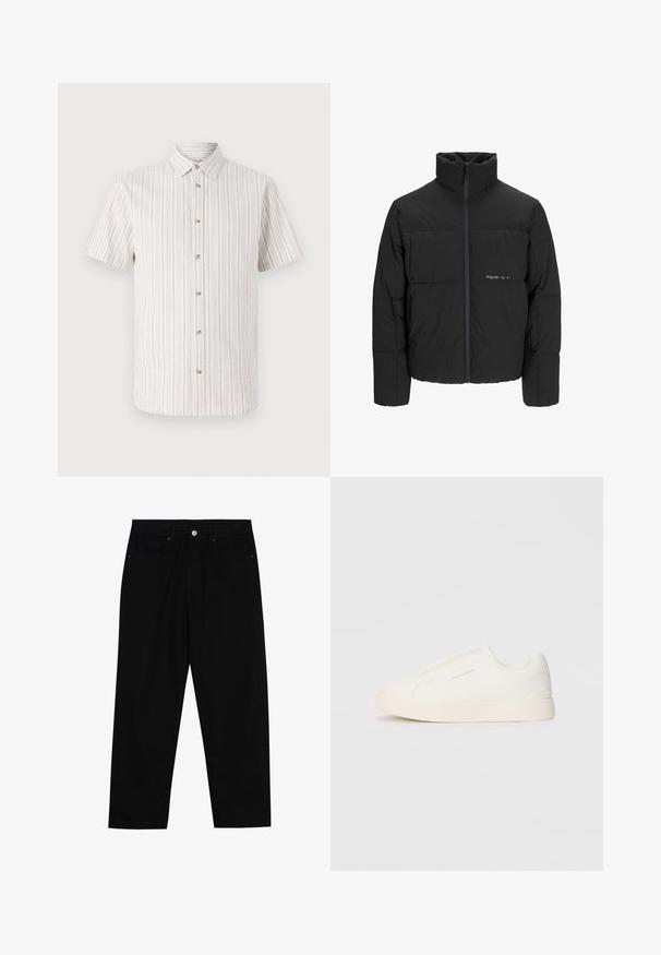 Melnā pūka jaka ar augstu apkakli, priekšējo rāvējslēdzēju un quilted dizainu. Gluda auduma virsma ar maigu logotipu uz krūšu daļas.; Kratkām piedurknēm krekls gaiši bēšā audumā ar plānām vertikālām svītrām. Iekļauj pogāmu apkakli un piecu pogu priekšējo aizdari.; Melni džinsi ar taisnu kāju griezumu, piecu kabatu dizainu un priekšēju pogu aizdari. Gluda tekstūra ar minimālu šuvju detaļu skaitu.; Baltas slip-on sporta apavi ar teksturētu virsmu, biezu zoli un minimālistisku dizainu. Sānos redzams zīmola logotips.