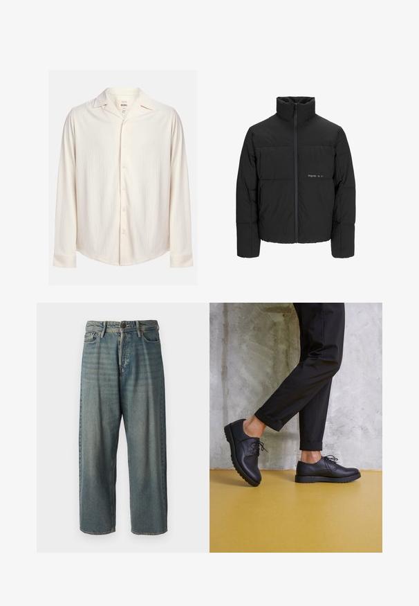 Melnā pūka jaka ar augstu apkakli, priekšējo rāvējslēdzēju un quilted dizainu. Gluda auduma virsma ar maigu logotipu uz krūšu daļas.; Kremkrāsas, garām piedurknēm, pogājama krekls ar teksturētu svītrainu dizainu un izgrieztu apkakli. Ar noapaļotu apakšmalu un pogu akcentiem.; Gaiši zili džinsi ar brīvu piegriezumu, vidējo jostas augstumu un taisnām kājām. Satur piecas kabatas, jostas cilpas un pogu aizdari.; Melnas ādas sakaltas kurpes ar noapaļotu purngalu, teksturētu virsmu un biezu gumijas zoli. Valkātas ar sarullētām melnām biksēm uz betona fona.