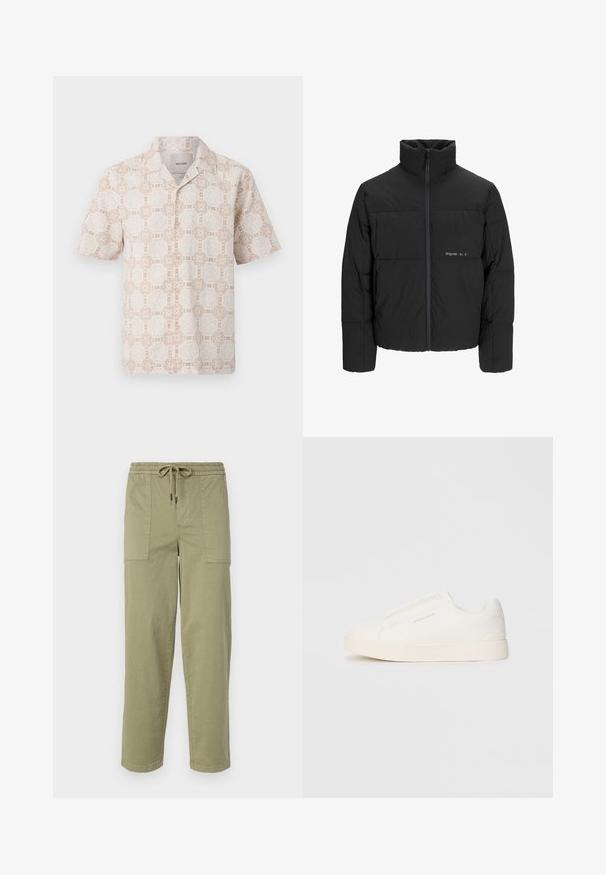 Chaqueta acolchada negra con un alto cuello, cierre frontal de cremallera y diseño acolchado. Tejido suave con un logo sutil en el pecho.; Camisa de manga corta en beige claro con un patrón geométrico floral en color crema. Presenta un cuello tipo punto y un diseño de corte relajado.; Pantalones verde oliva claro hechos de una mezcla de algodón, con una cinturilla elástica y cordón, y dos grandes bolsillos laterales.; Zapatillas blancas tipo slip-on con una superficie texturizada, suela gruesa y diseño minimalista. Presenta el logo de la marca en un lado.