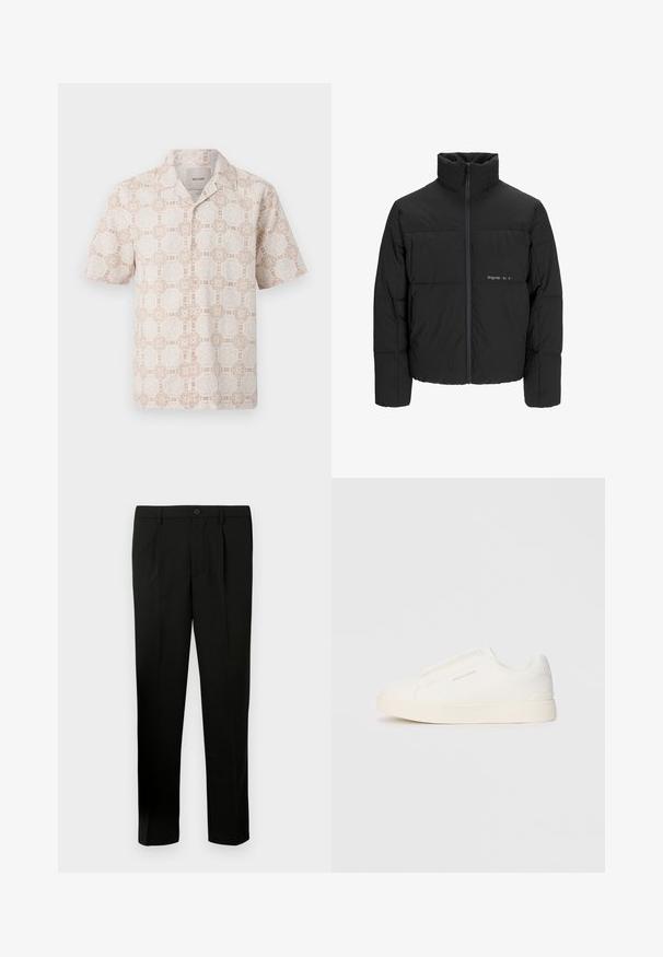 Svart boblejakke med høy krage, frontåpning med glidelås og kviltet design. Glatt stoff med en subtil logo på brystet.; Kortermet skjorte i lys beige med et blomstrete geometrisk mønster i kremfarge. Har point-krage og en avslappet passform.; Svarte skreddersydde bukser med flat foran, to folder, knappelukking, sidelommer og rette ben. Laget av et glatt stoff.; Hvite slip-on joggesko med teksturert overflate, tykk såle og minimalistisk design. Har merkevarelogo på siden.