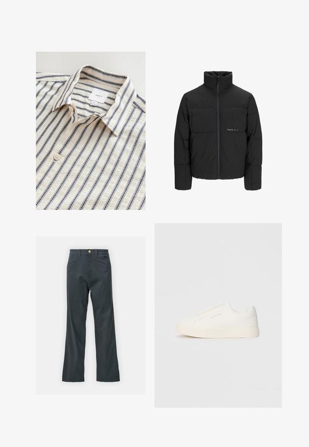 Jachetă puffer neagră, cu guler înalt, închidere cu fermoar pe față și design matlasat. Material neted cu un logo subtil pe piept.; Cămașă albă cu dâre verticale albastre, având un guler pliat, închidere cu nasturi și o țesătură texturată. Eticheta mărcii este vizibilă în interior.; Pantaloni negri cu croi drept, confecționați dintr-un material din bumbac. Dispun de un închidere cu nasture metalic și buzunare laterale. Fără modele vizibile.; Tenisi albi slip-on cu o suprafață texturată, talpă groasă și un design minimalist. Prezintă logo-ul brandului pe lateral.
