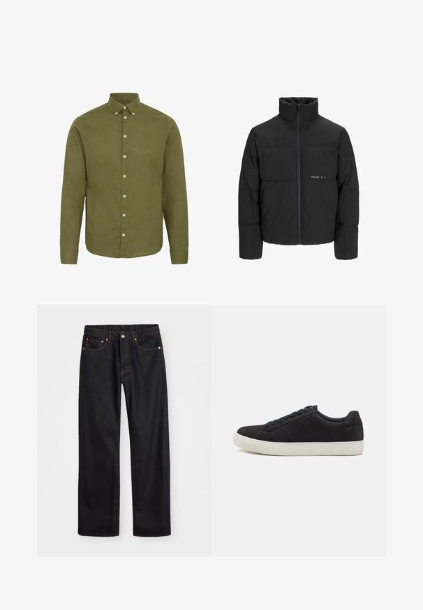 Svart boblejakke med høy krage, frontåpning med glidelås og kviltet design. Glatt stoff med en subtil logo på brystet.; Oliven grønn langermet skjorte med knapp-ned krage, frontplacket og hvite knapper. Har subtil teksturert stoff og broderidetaljer.; Men's straight-leg svarte denim jeans med fem lommer og oransje søm, knapp og glidelås lukking foran på midjen.; Sorte semskede sneakers med rundt tå, hvit gummisåle, kontrasterende blå snører og en glatt tekstur. Minimalistisk design uten synlig logo.