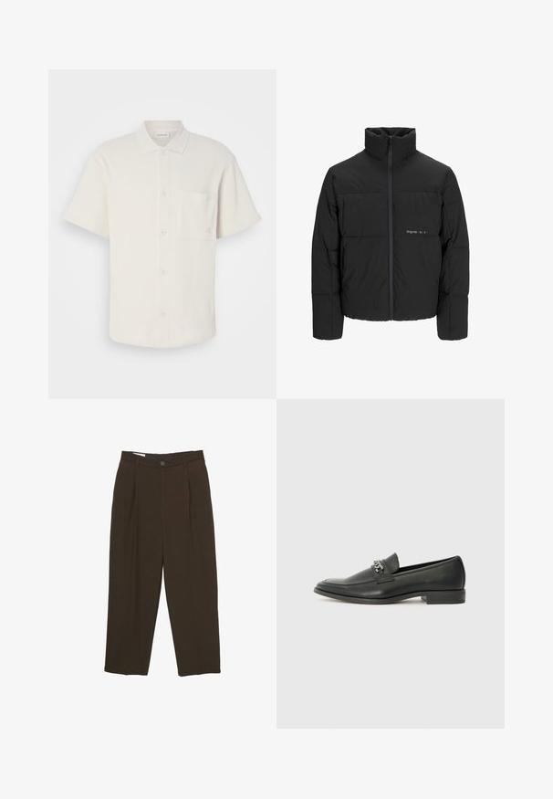 Czarna kurtka puchowa z wysokim kołnierzem, z przodu na zamek błyskawiczny i pikowanym wzorem. Gładki materiał z subtelnym logo na piersi.; Koszula z krótkim rękawem, zapinana na guziki w kolorze off-white, wykonana z teksturowanej tkaniny z delikatnym prążkowaniem, z kieszonką na piersi i logo.; Ciemnobrązowe dopasowane spodnie z przodu z zakładkami, szlufkami na pasek i zapięciem na guzik w talii.; Czarne skórzane mokasyny o gładkim wykończeniu, z haftowanym wzorem i dekoracyjnym akcentem z metalowego łańcucha na wierzchu. Płaska pięta.